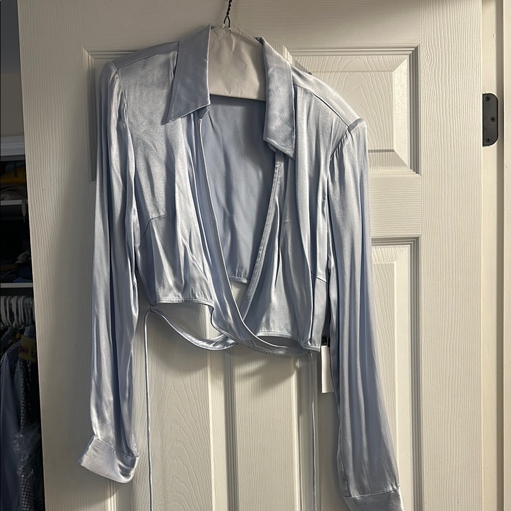 Astr Silver Wrap Crop Blouse with Notched Collar